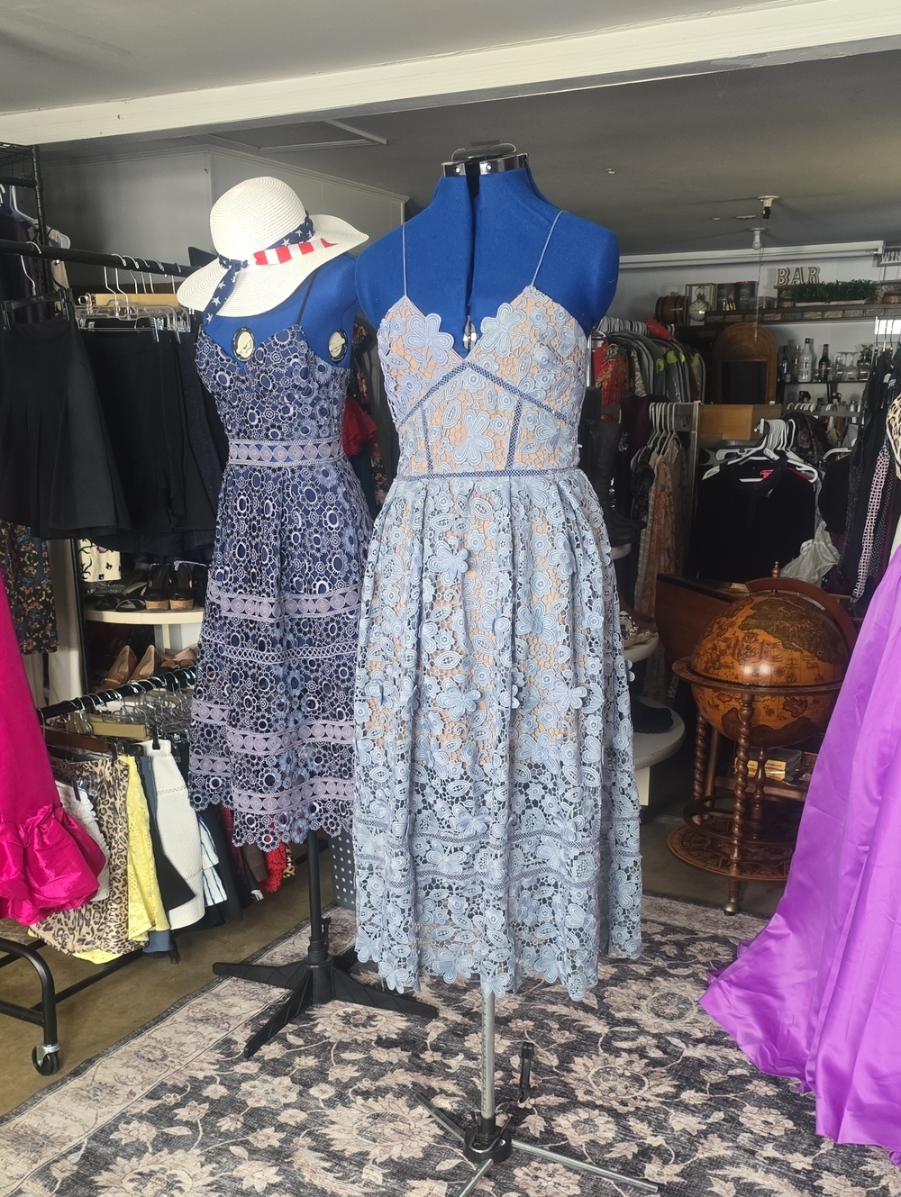 Light Blue Lace Midi Dress with Spaghetti Straps